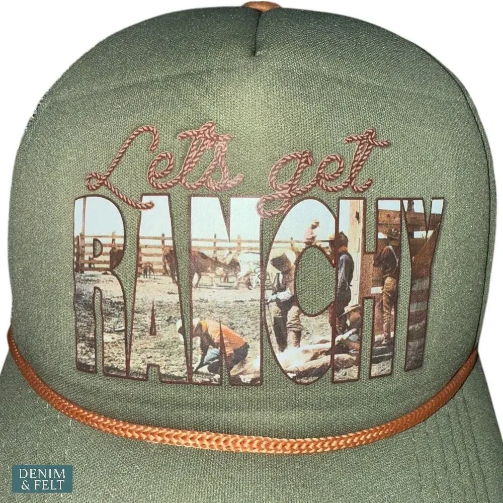 Flying S “Let’s Get Ranchy” Trucker Hat Olive Green Mesh Western Country Cap NEW